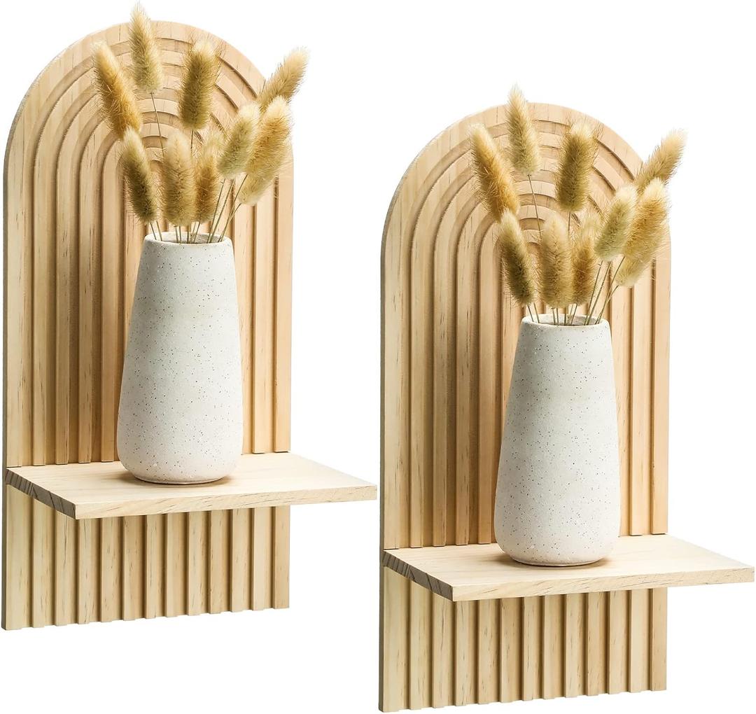 Tatuo 2 Pieces Boho Wall Shelf Decor Floating Arched Shelves for Wall Small Wooden Hanging Holder for Living Room Bathroom Bedroom Office Nursery Decoration