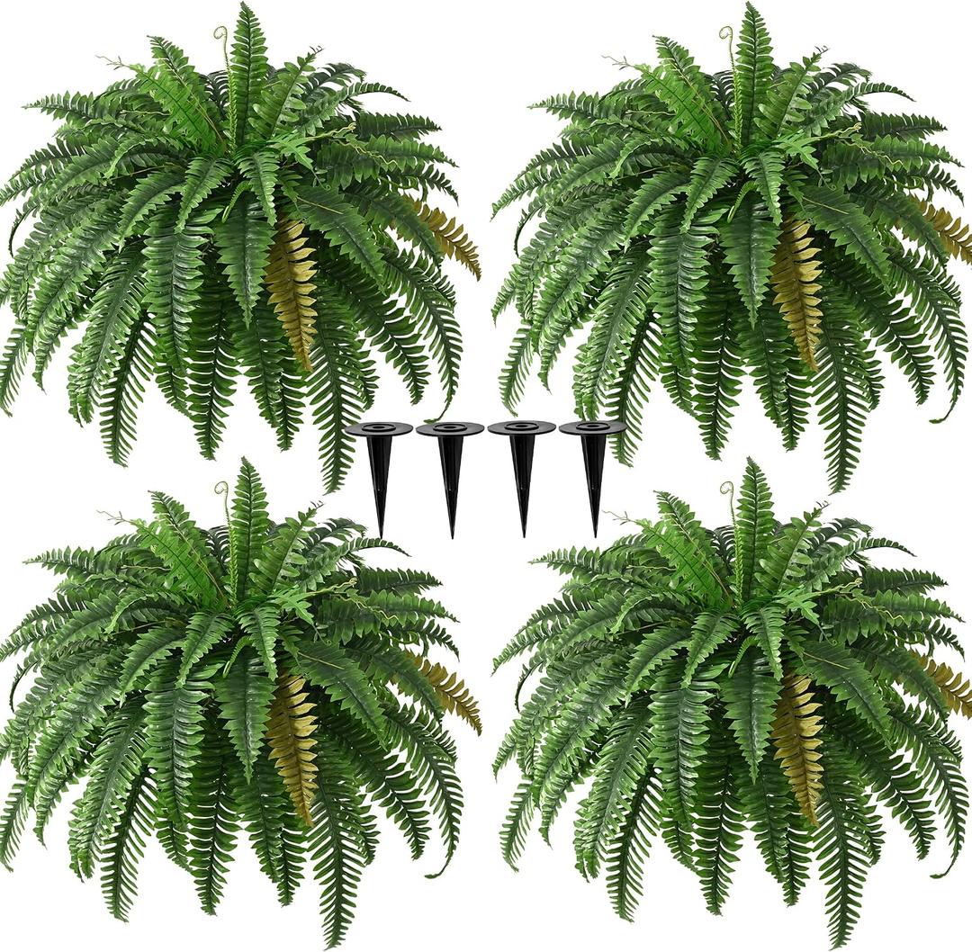 4PCS 45in Fake Ferns- Outdoor Faux Plants, Large UV Resistant Artificial Ferns for Outdoors, Weatherproof Faux Boston Fern Realistic Fake Artificial Plant for Porch Home Garden Patio Hanging Decor
