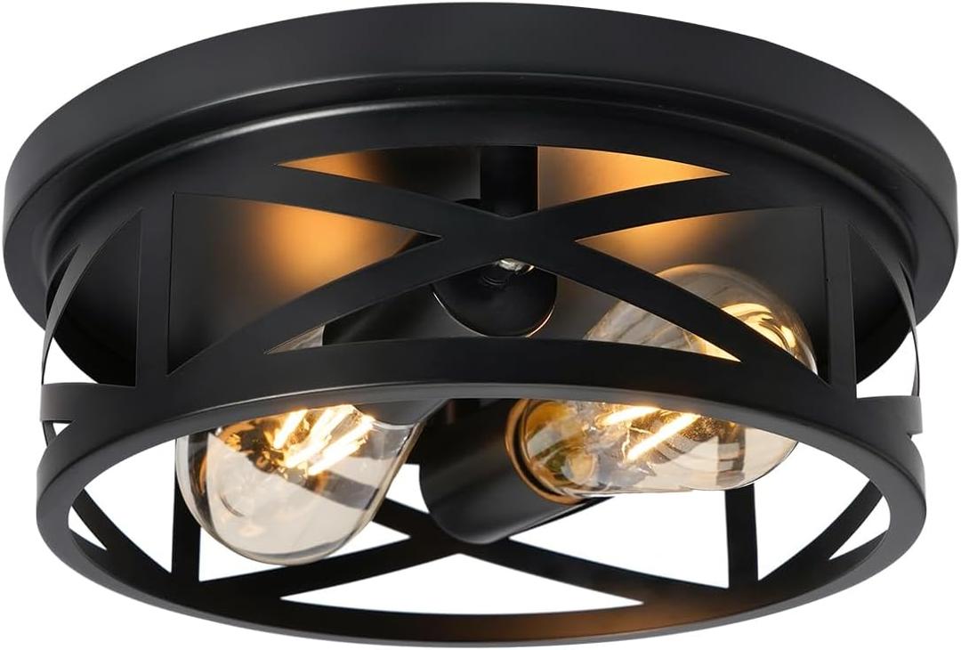 2-Light Flush Mount Ceiling Light Fixture, Farmhouse Ceiling Lights for Kitchen, Modern Black Close to Ceiling Light for Hallway Bedroom Balcony Porch Stairway, E26 (1 Pack)