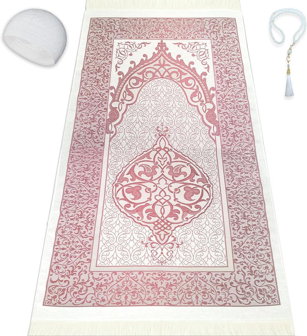 Muslim Prayer Rug Prayer Beads Kufi Hat for Men and Women 100% Breathable Black Skull Beanie Traditional Desing Prayer Mat Eid Ramadan Gifts Islamic Set Salah Mat Taffeta Fabric Soft (Pink)
