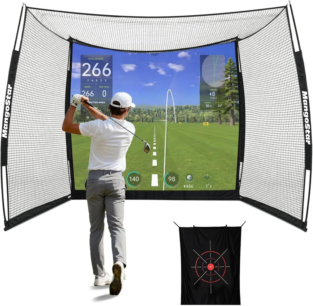 MangoStar Golf Net, 11x8ft Golf Simulators Hitting Net with High-Density Impact Screen and Target Cloth, Heavy Duty Practice Cage for Swing Driving, Home Backyard Garage Indoor Outdoor Use