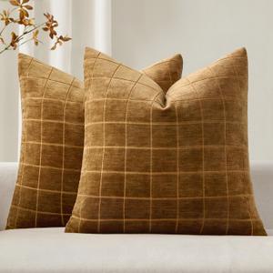 MIULEE Decorative Chenille Check Throw Pillow Covers Vintage Plaid Couch Pillows 20x20 Inch Set of 2 Neutral Boho Farmhouse Cushion Covers Modern Home Decor for Sofa Bed Living Room Brown Sugar