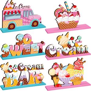 6 Pcs Ice Cream Table Wooden Decorations Ice Cream Sign Centerpiece Summer Home Decor Bar Party Decorations for Kids Birthday Party Summer Wedding Supplies