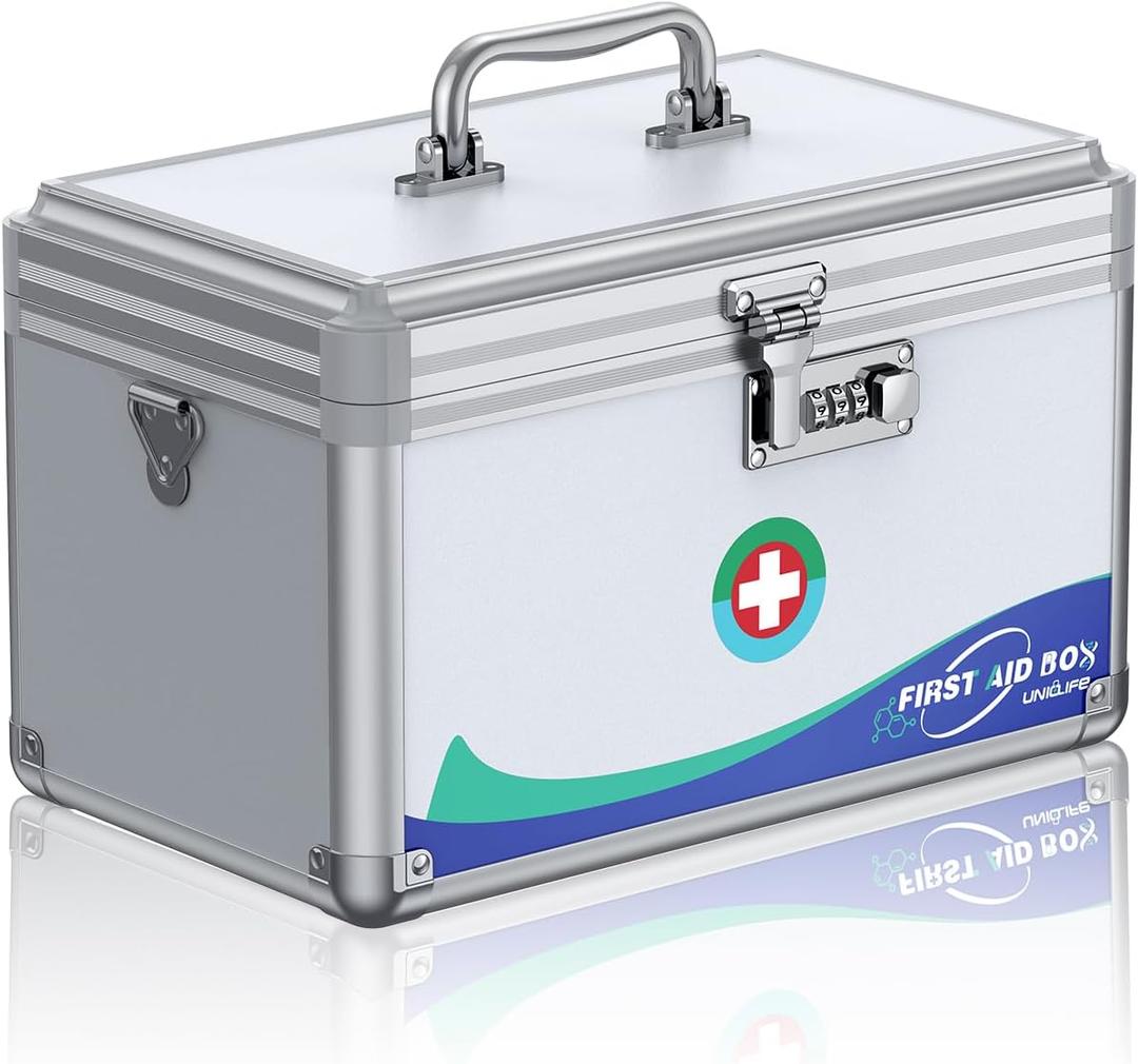 Uniclife Medicine Lock Box First Aid Box with Combination Lock, Handle & Shoulder Strap, Portable Medication Lock Box, 12" x 7" x 7.5" Silver Aluminum Alloy Storage Box