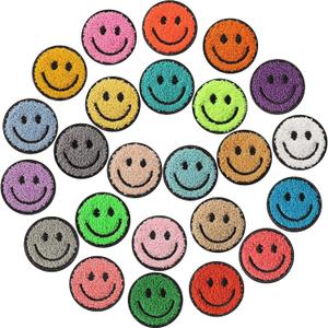 24 Pcs Smile Face Patch Iron on Patches 2 Inch Chenille Cute Preppy Happy Face Patches Glitter Heat Sequins Applique for Backpacks Hats Clothes Jackets Decorative DIY Craft