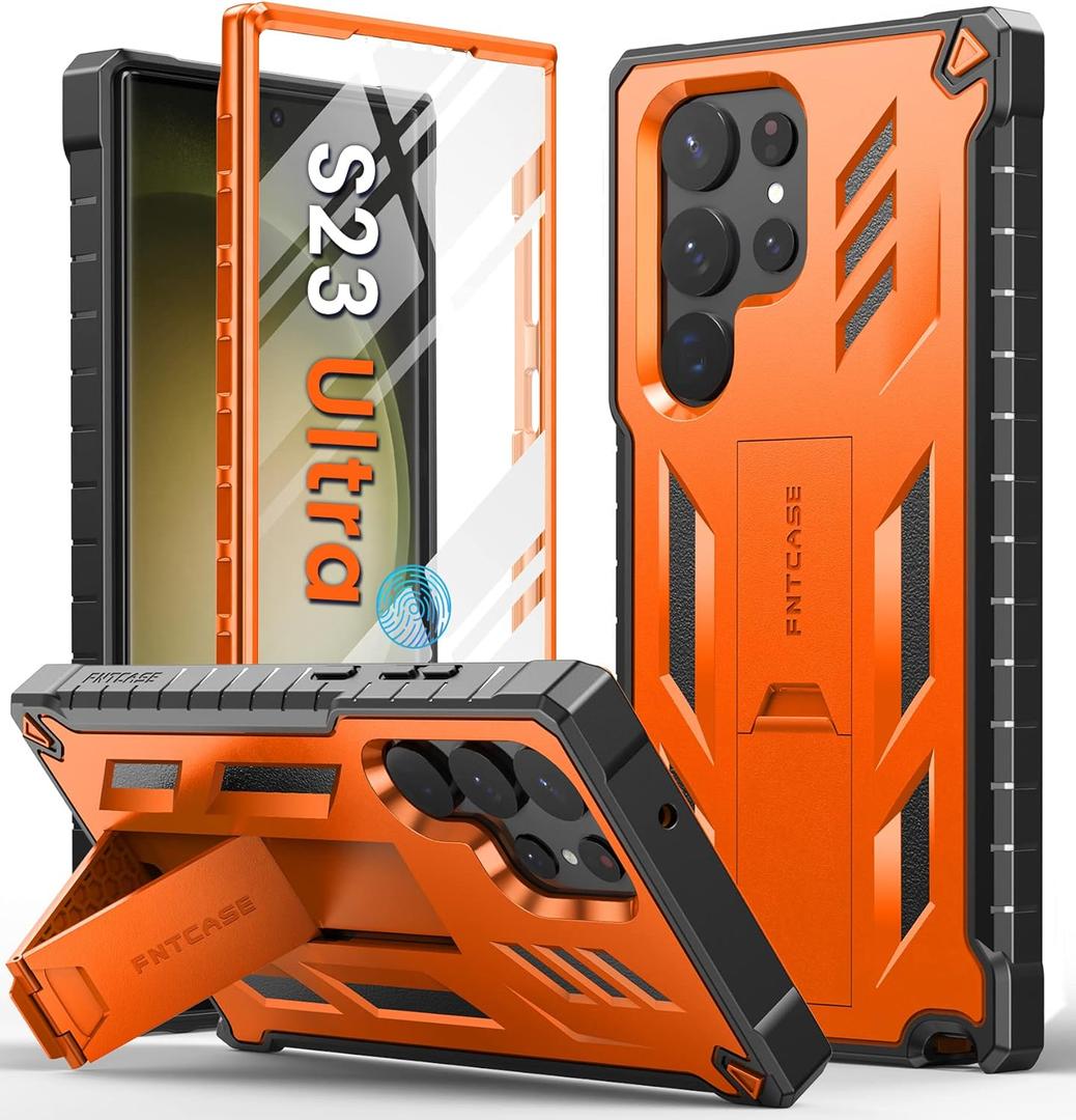 FNTCASE for Samsung Galaxy S23-Ultra Case: Military Grade Drop Proof Protection Mobile Cover with Kickstand | Matte Textured Rugged Shockproof TPU | Protective Sturdy Phone Case - Orange