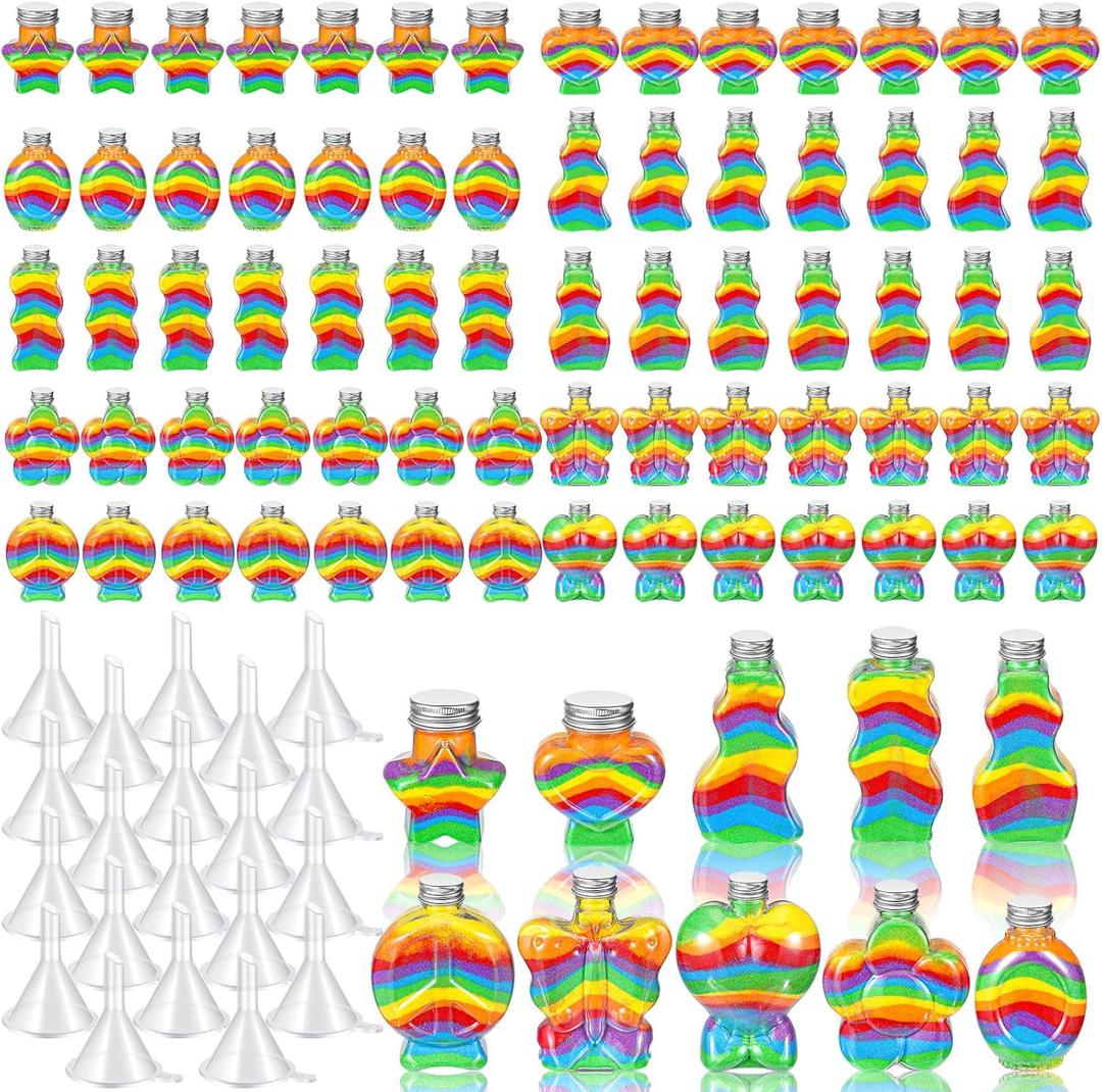 Bokon 100 Pcs Plastic Sand Art Bottles Bulk Sand Art Containers with 20 Pcs Funnels for DIY Crafts Wedding Birthday Party Decoration, 10 Style(Aluminum Cap)