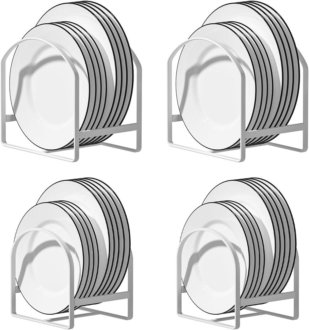 4 Pack Kitchen Plate Holder Organizer for Cabinet Space Saver Dinner Dish Storage Rack Upright Dish Drying Racks Metal Plate Dish Racks Stand for Cupboard and Countertop 2 Large 2 Small White
