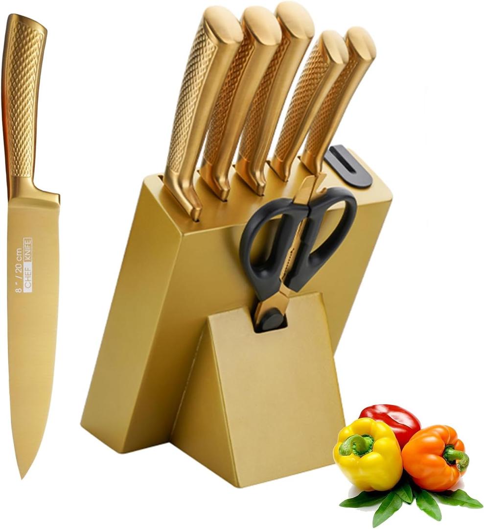 Luxury Gold Kitchen Knife Set8-Piece Titanium Coated Dishwasher Safe Gold Chef Knife Set,Wooden Block with Built-In Sharpener Housewarming Gift for Home Kitchen