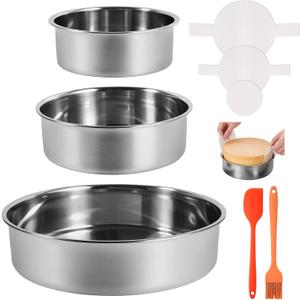 3-Piece Round Cake Pan Set with 150 Parchment Paper Liners, 4 6 8 Inch Stainless Steel Baking Pans with Handles, Includes Silicone Brush & Spatula, Layer Cake Baking Set for Cheesecake, Birthday Cake