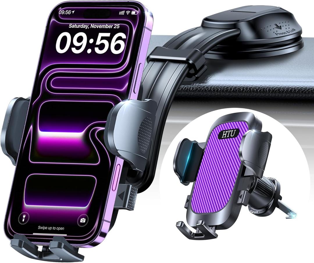 HTU Upgraded Strongest Suction Car Phone Holder Bendable Arm, Never Block View Rotatable Cellphone Mount for Dashboard Windshield Vent, Cradle Stand for iPhone 17 16 15 14 13 12 Pro Max (Rose Purple)