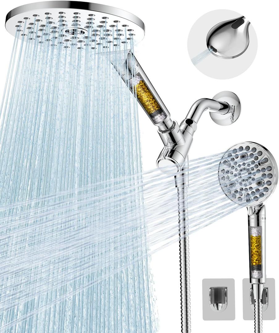 MakeFit Dual Filtered Shower Heads Combo, High Pressure Rain Shower Head with Handheld Spray Built-in Power Wash, Dual Handheld Shower Head for Hard Water, Remove Chlorine for Healthier Skin- Chrome
