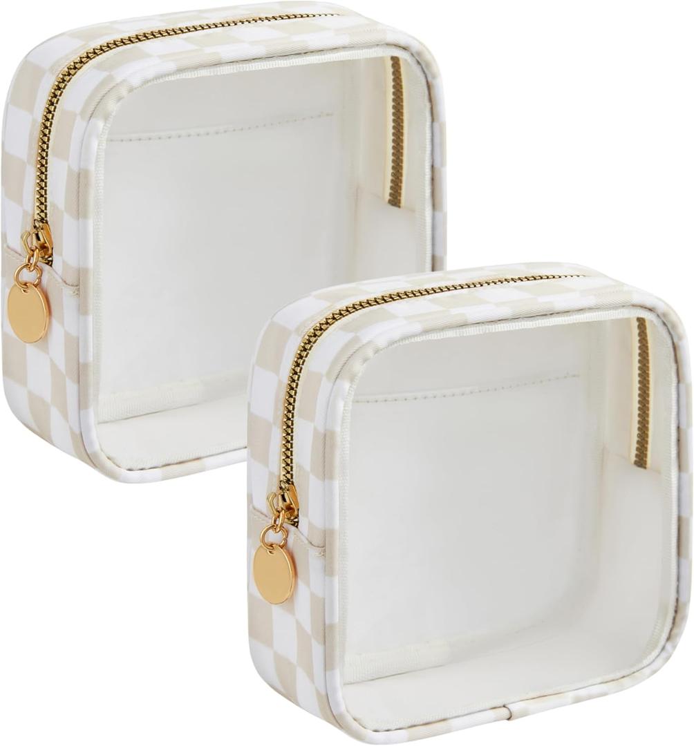 Yarnic Clear Makeup Bag for Purse Mini Makeup Bag Small Cosmetic Pouch for Women Cosmetic Organizer Travel Case, 2 Pack (Beige Checker)