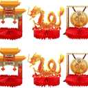 Sumind 6 Pcs Chinese New Year Decorations 2026 Lunar New Year Honeycomb Centerpiece for Table Decorations Red and Gold Dragon Gong Architecture Centerpieces for Spring Festival