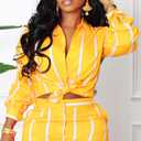 Remelon Women's Casual Two Piece Outfits Striped Long Sleeve Collar Button Down Shirt Blouse High Waist Wide Leg Pants Sets (Yellow, XXL)