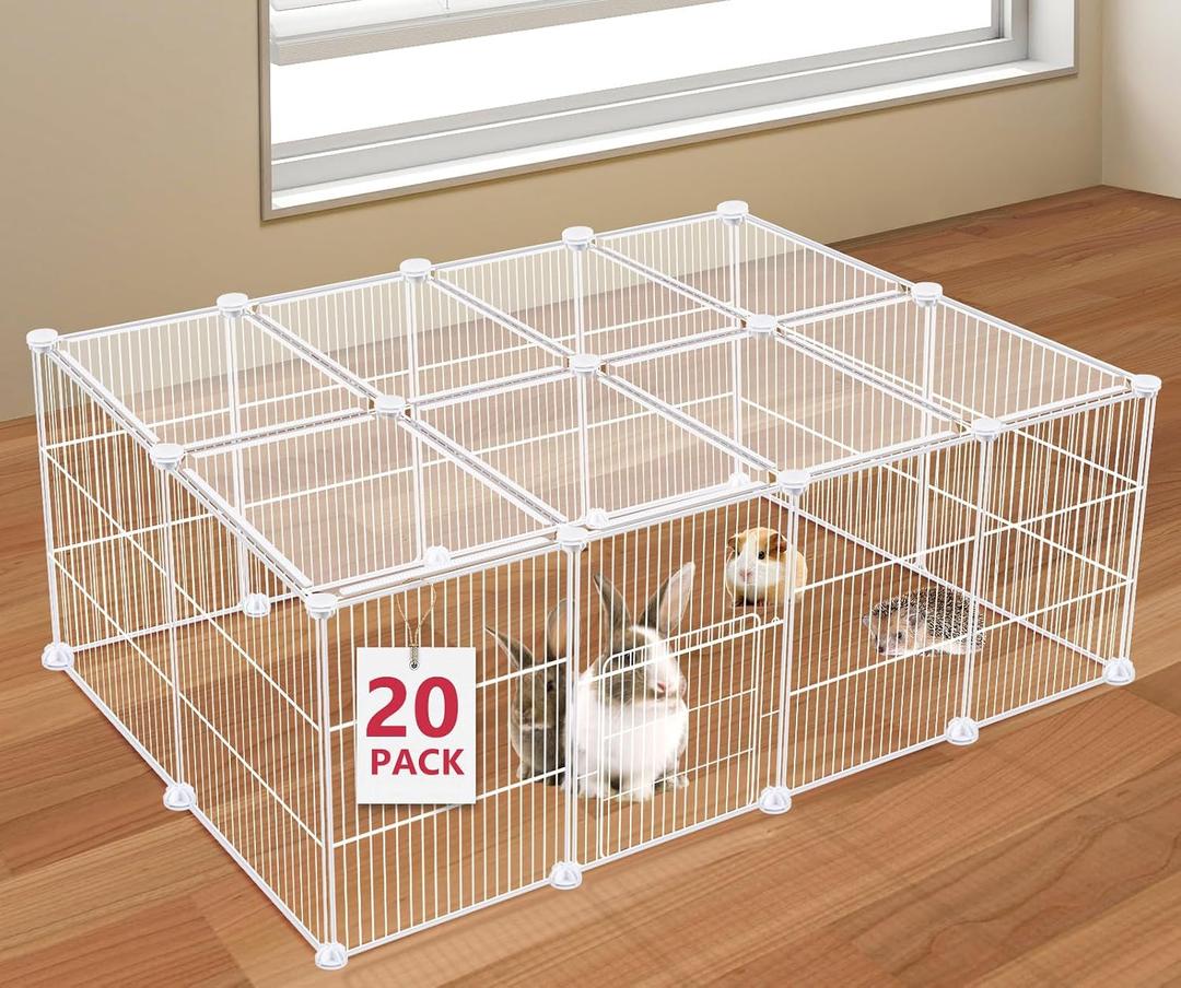 VISCOO 20 Panels Small Animal Playpen, Pet Playpen, C&C Cage for Guinea Pigs, Rabbit/Bunny Cage, Puppy Play Pen, Indoor Outdoor Portable Metal Wire Yard Fence(White)