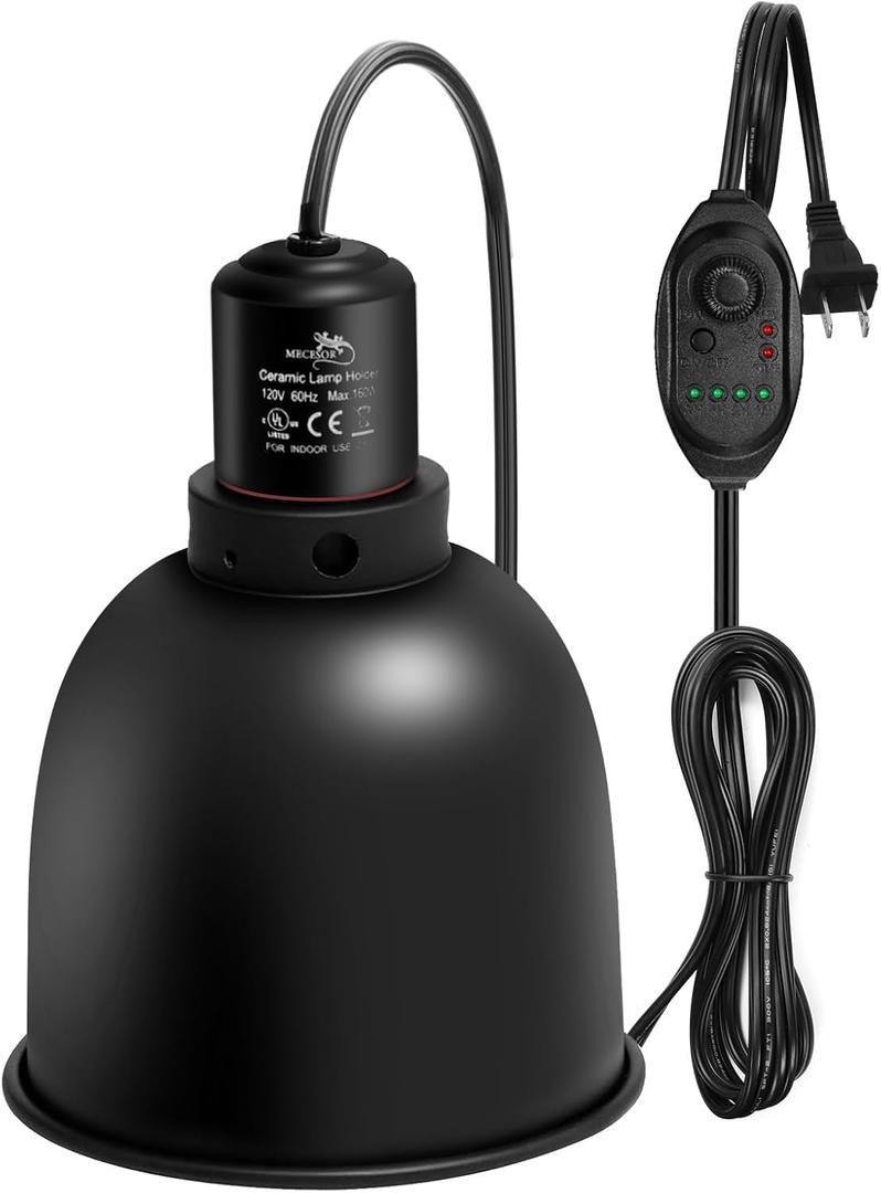 MECESOR Reptile Light Fixture with Dimming Switch and Timer, 8.5 Inch Deep Dome Reptile Heat Lamp Fixture, Reptile Lamp Fixture Cap for UVB Bulb Basking Heat Bulb for Reptile Glass Terrariums, 1PCS