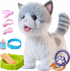 OR OR TU Walking Toy Cat with Remote Control Leash, Plush Cat Electronic Interactive Toys for Kids, Shake Tail, Licking, Pretend Dress Up Realistic Stuffed Animal Cat Age 3 4 5 6+ Years Old Best Gift