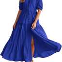 BTFBM Women Summer Dresses Short Sleeves V Neck Button Drawstring Maxi Dresses Solid Color Boho Long Dresses (Small, Solid Royal Blue)