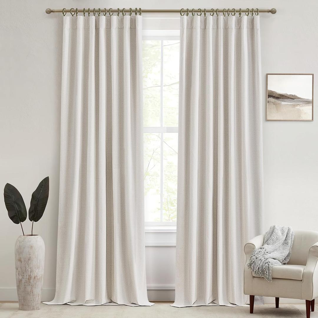 Extra Long Ivory Curtains for Living Room Blackout 108 Inches Insulating Sound Proof Wide Drapes for Window Treatments Curtains for Track System with Hooks and Rings Natural Beige (W50" x L108" x 2 ) (Birch)