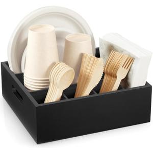 Wood Utensil Holder for Party, 6-Compartment Paper Plate Organizer with Handles, Wooden Silverware Caddy for Picnic, Camping, BBQ, Buffet, and Kitchen Countertop Organization, Black