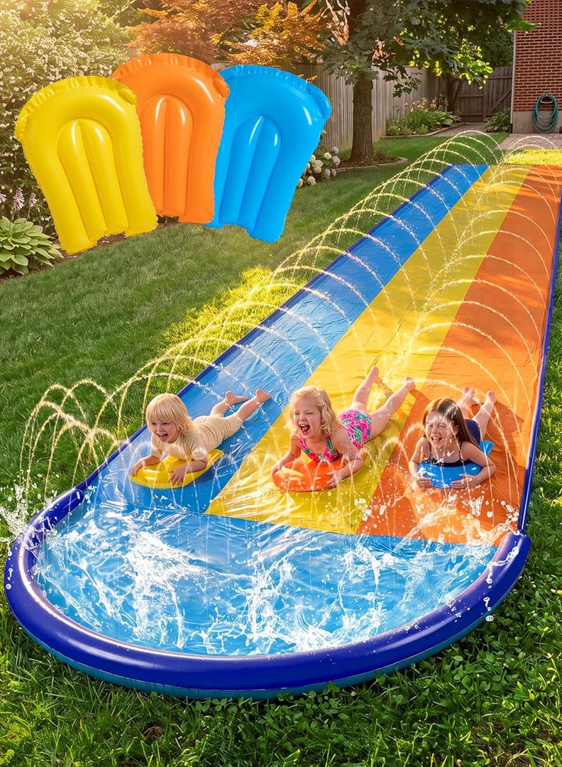Sloosh Triple Water Slide with 3 BodyBoards, 18FT Lawn Slip Water Splash Slide Summer Toy Splash Pad with Build in Advanced Sprinkler for Kids Adults Backyard Summer Water Fun