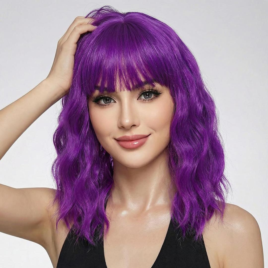 Pastel Dark Purple Wavy Bob Wig for Women, Short Shoulder Length Synthetic Wig with Bangs, Matte Natural Realistic Look Lightweight Hairpiece, Purple Color for Daily Wear & Cosplay Costume