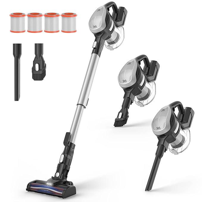 TMA Cordless Stick Vacuum Cleaner,6-in-1 Lightweight with Detachable Battery,Powerful Suction Wireless Handheld with 1.3L Dust Cup,4 HEPA Filter&LED Brush for Hard Floor Pet Hair T120