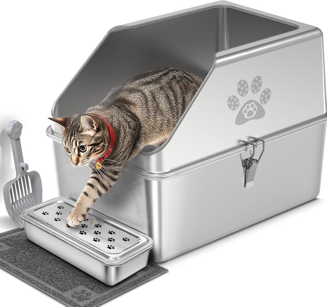 KPWACD Enclosed Stainless Steel Cat Litter Box with Lid, XL Extra Large Non-Stick Metal Litter Pan for Big Cats, High-Sided Kitten Toilet Enclosure, Non-Stick, Anti-Leakage, Easy Cleaning