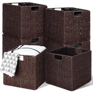 Panelee 6 Pack Wicker Storage Baskets Foldable Wicker Baskets Hand-woven Willow Rope 11x11x11 Inch Square Cube Storage Bins Organizer for Shelves Organizing Decor Laundry Pantry(Brown)