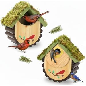 1pc Bird House for Bluebirds and Cadinals - Cedar Wood Large Open Bluebird House Nestbox - Birdhouse for Outside Wall Mountable - 1.5" Brass Plate Heavy 13/16" Thick - 10 Years Usage Multifunctional