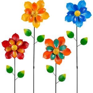 4 Pcs Wind Spinners Outdoor, Small Metal Flower Windmill, Colorful Pinwheels Decorative Floral Garden Stakes for Yard Patio Lawn Garden Decor, 27 x 6 Inches