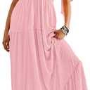 Kikibell Women Summer Dresses Sexy V-Neck Maxi Dress Tiered Silhouette with Flutter Sleeve Backless Elastic Waist Flowy Dress (Pink) L