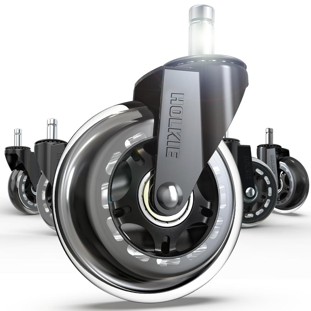 HOLKIE Office Chair Wheels - Universal Fit 3 Inch Roller Blade Casters - Safe for Hardwood Carpet Floors - Heavy Duty Rubber Replacement for Gaming Chairs - Smooth, Silent Glide - Set of 5 (5 Pack-11mm, Clear)