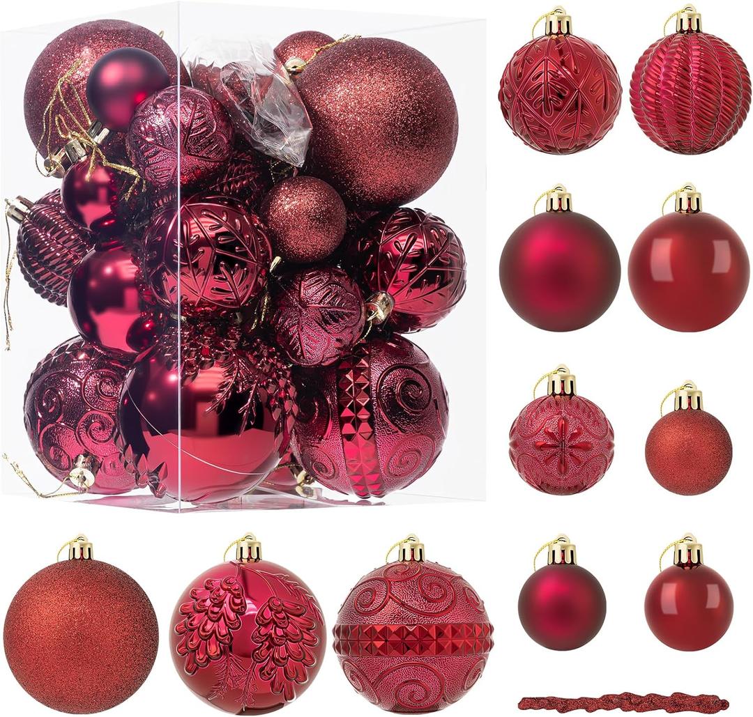 41PCS Burgundy Christmas Ornaments Set - Shatterproof Christmas Tree Ornaments with Icicle for Holiday Party - Vintage Xmas Decorations in 4 Sizes