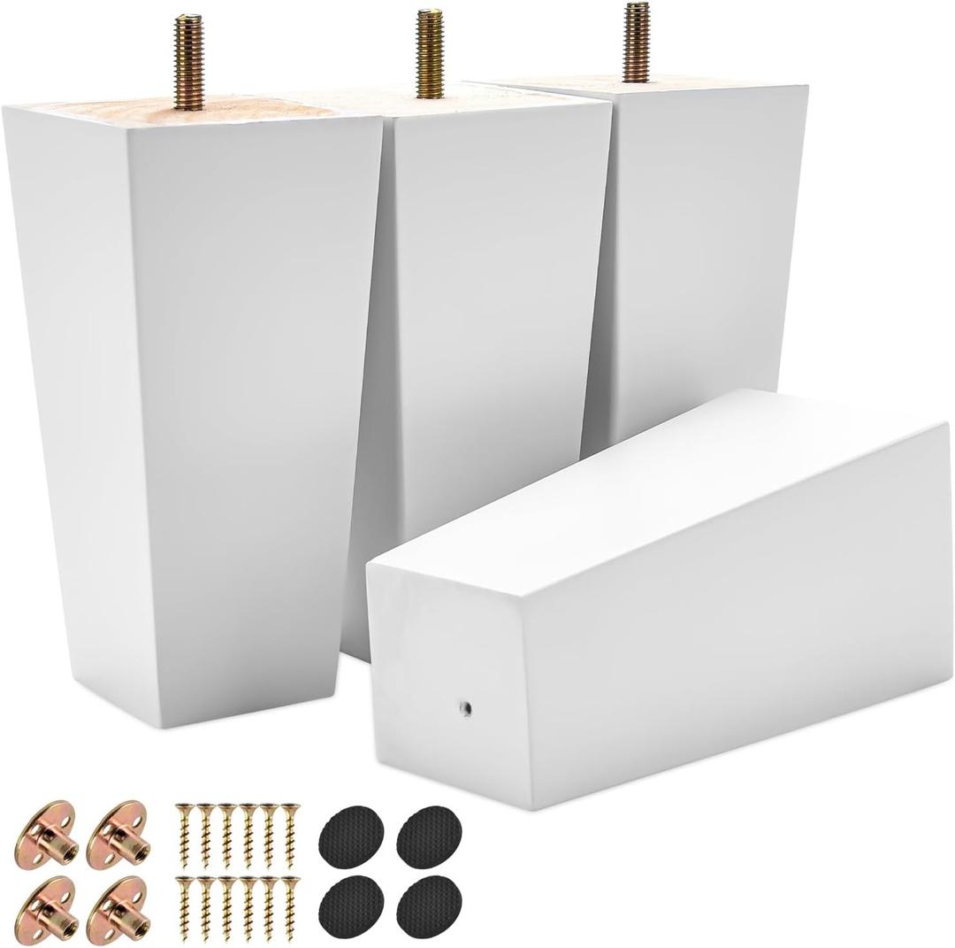 4 inch Solid Wood Furniture Legs, 4Pcs Mid-Century Modern Wooden Pyramid Replacement Feet with Threaded 5/16'' Hanger Bolts & Mounting Plate & Screws for Sofa Couch Chair Recliner (White)