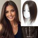 Rootoo Hair Toppers for Women Real Human Hair, 14 Inch Realistic Biological Scalp Topper Hair Pieces for Women with Thinning Crown with Middle Part Clip in Bangs Big Base 360 Cover (Dark Brown)