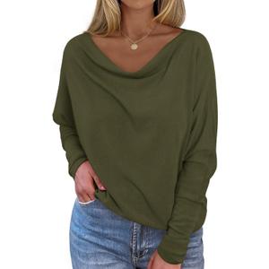 Okiwam Women's Fall Tops Cowl Neck Long Batwing Sleeve Shirts Oversized Tunic Dressy Casual Blouses 2026 Fashion Clothes (Green), Small