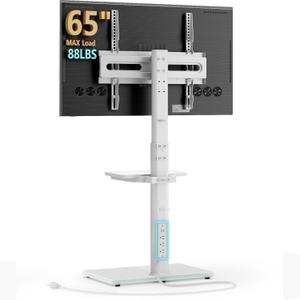 AX WABER Floor TV Stand with Power Outlet& Shelf, Universal TV Stand Mount for 27-65 inch TV up to 88lbs, 70 Degree Swivel 9 Level Height Adjustable with Tempered Glass Base for Bedroom, Office White