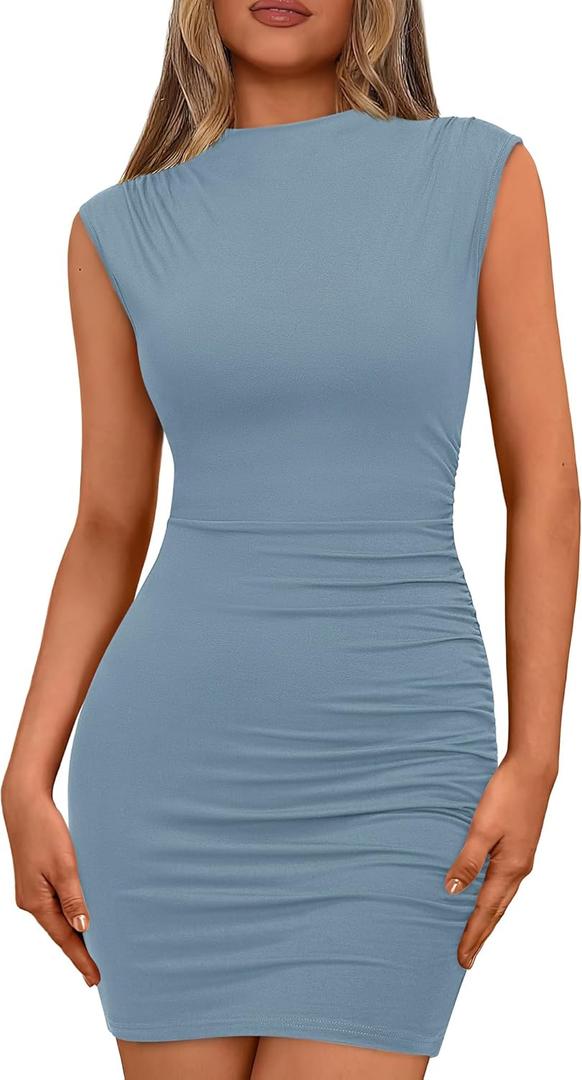 BTFBM Summer Dresses for Women 2025 High Neck Casual Sleeveless Bodycon Formal Ruched Cocktail Club Party Mini Dress (Blue, XL)