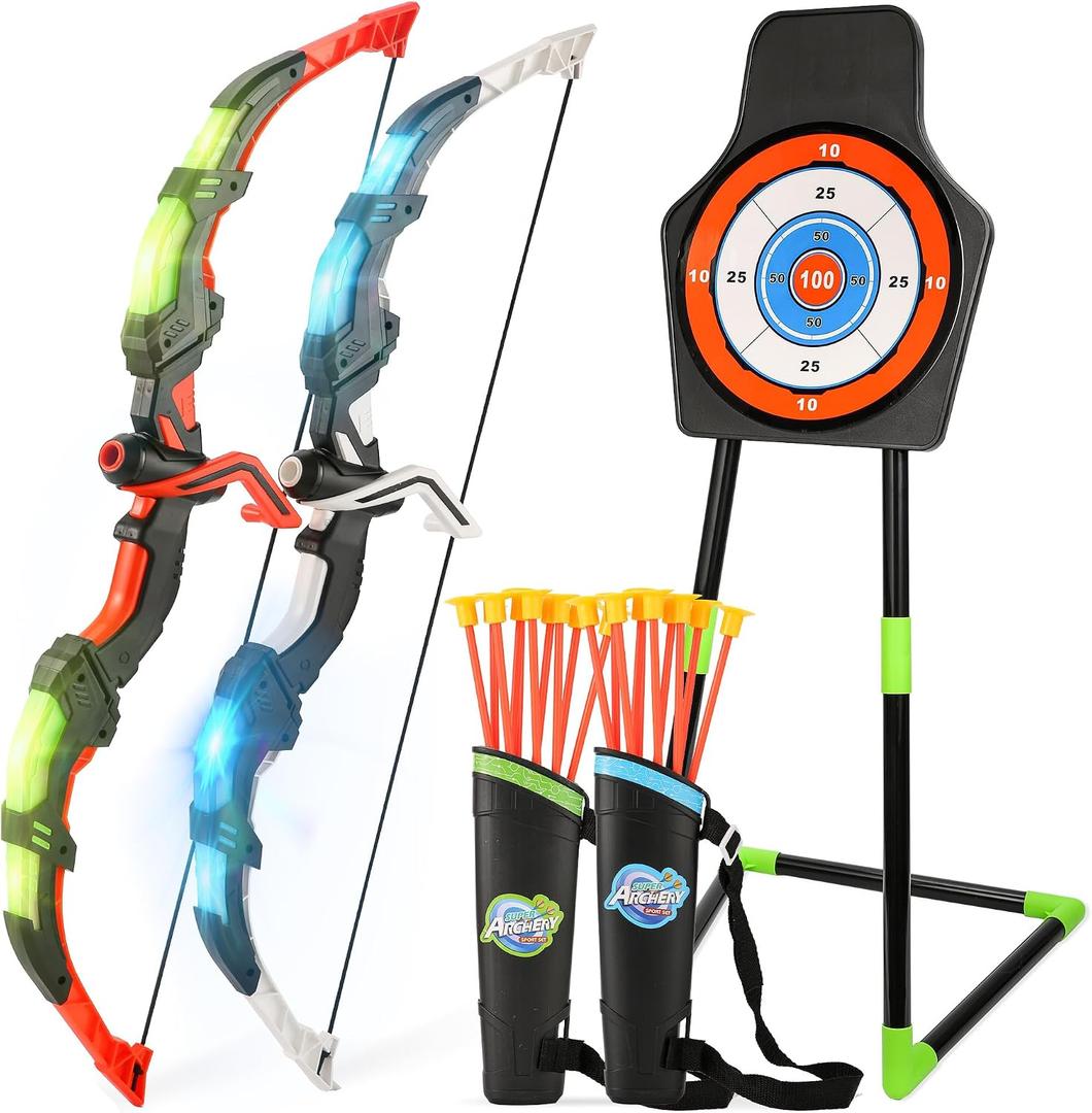 Bow and Arrow Set for Kids, 2 Pack LED Light Up Archery Set with 20 Suction Cup Arrows, Indoor and Outdoor Toy for Boys Girls Age 4-8 8-12 with Standing Target&2 Quivers, Birthday Gift 3-12 Years Old
