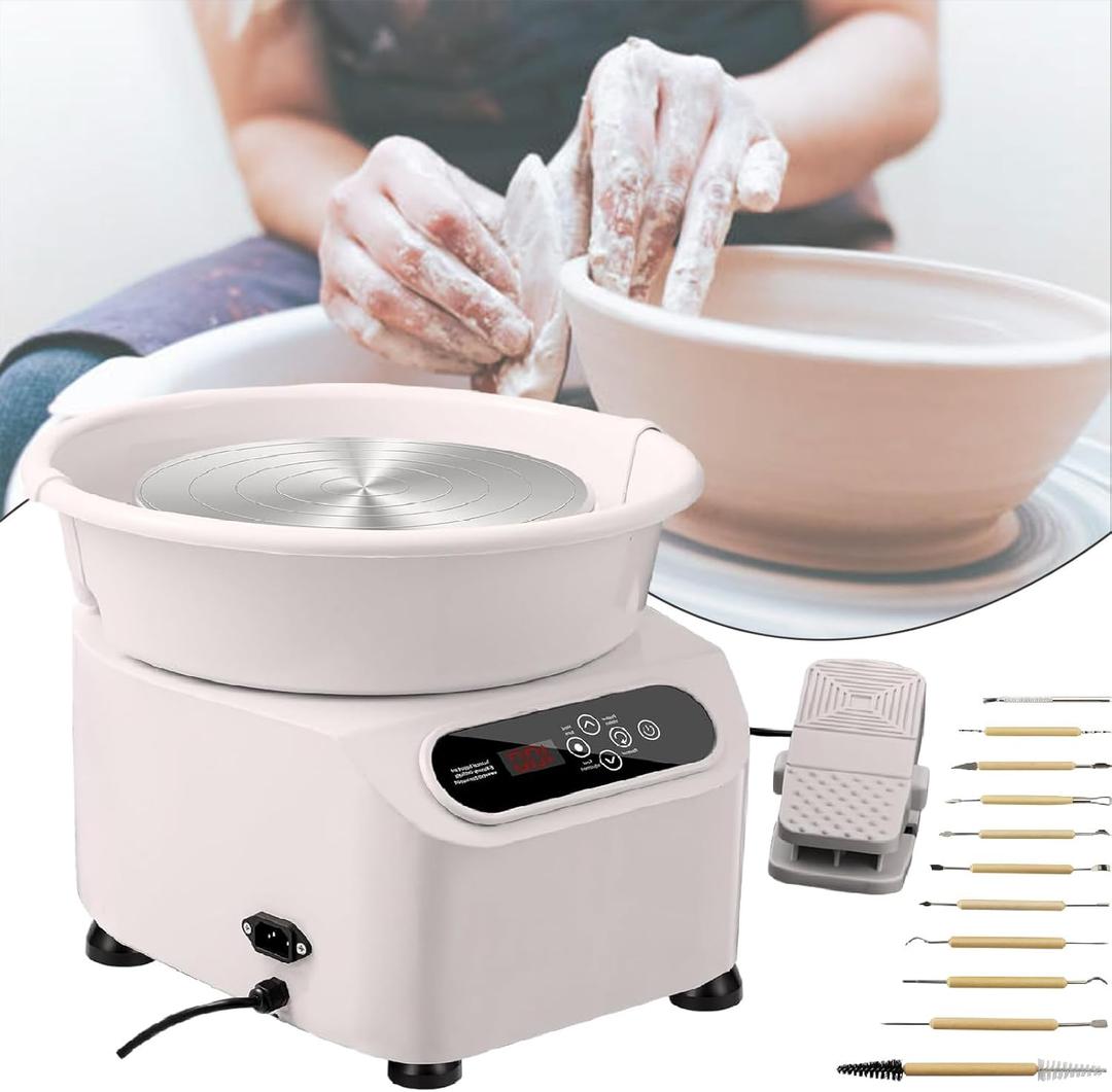 25CM Pottery Wheel Forming Machine, 350W Electric DIY Clay Tool with Foot Pedal and Detachable Basin for Ceramic Work Art Craft,White-110V