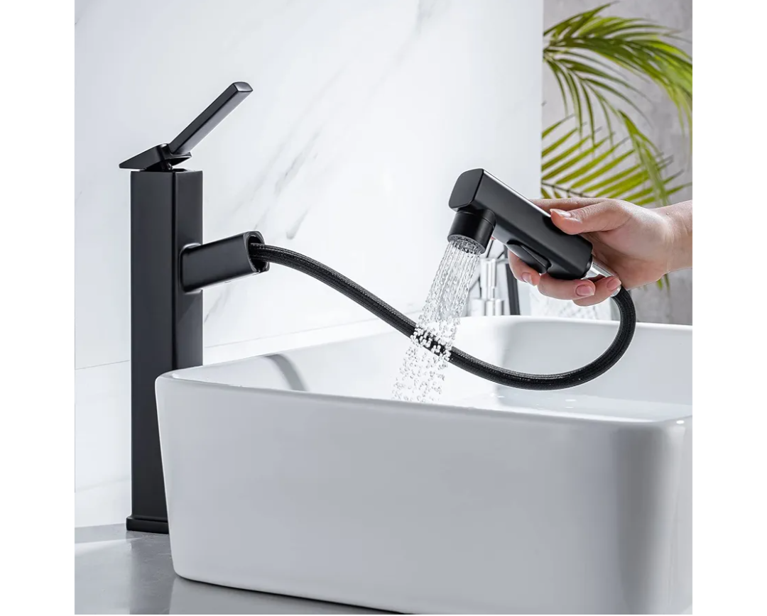 HANLIAN Single Handle Pull Out Bathroom Vessel Sink Faucet with Rotating Spout, Modern Single Hole Tall Bathroom Faucet with Pull Down Sprayer, One Hole High Bathroom Sink Faucet Black with 3 Modes