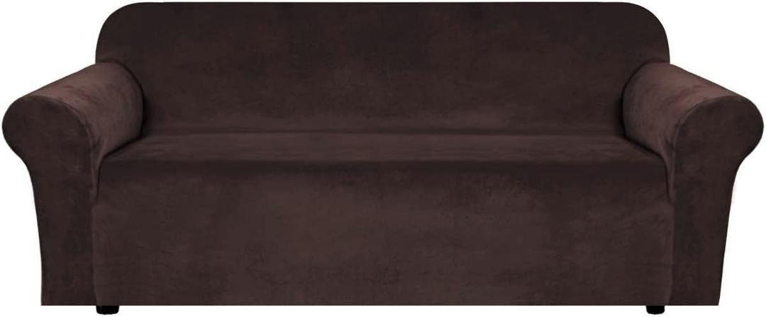 H.VERSAILTEX Stretch Velvet Sofa Covers for 3 Cushion Couch Covers Sofa Slipcovers Furniture Protector Soft with Non Slip Elastic Bottom, Crafted from Thick Comfy Rich Velour (Sofa 72'-90', Chocolate)
