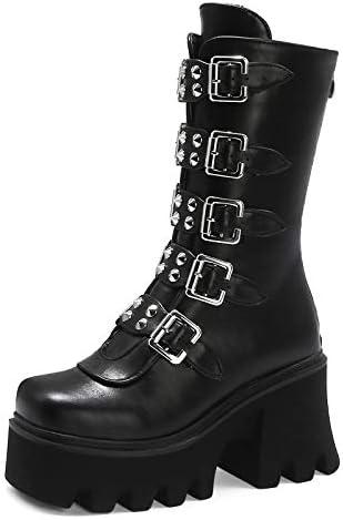 YIYA Black Platform Goth Boots for Women Studded Wide Mid Calf Combat Punk Boots Round Toe Buckle Chunky Heel Back Zipper Thick Sole Ankle Booties, 44