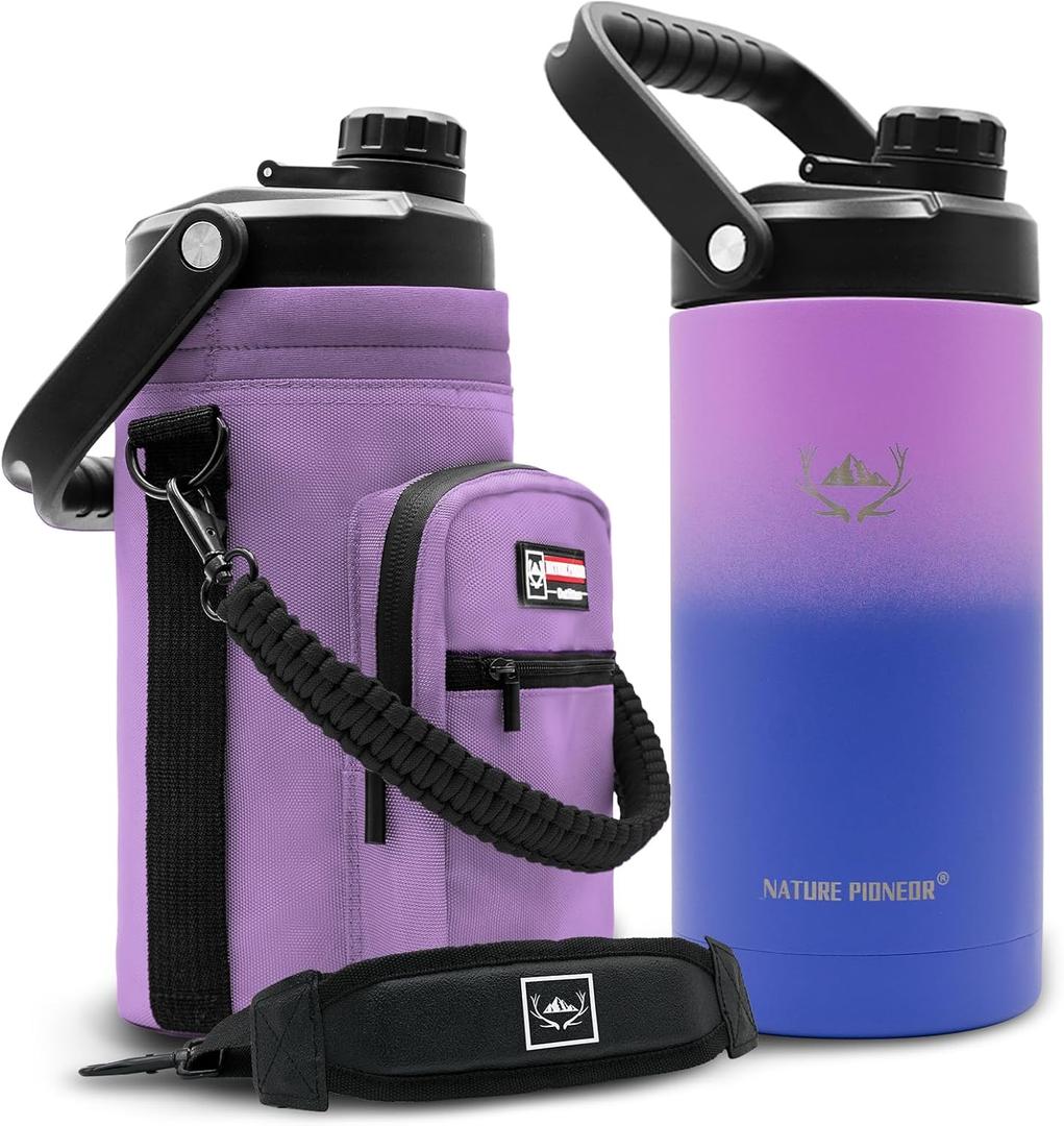 NATURE PIONEOR 64 oz Insulated Water Bottle - Double Vacuum Stainless Steel Half Gallon Water Jug with Holder/Carrier, Wide Mouth, Outdoor Sports, Hiking, Camping, Gym (Purple)