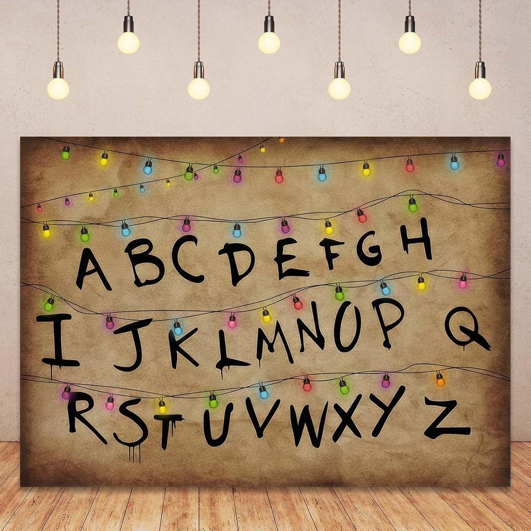 Colourful Light String Rustic Alphabet Backdrop for Halloween Birthday Party Decor Cake Table Banner Photo Booth Props Supplies 7x5FT