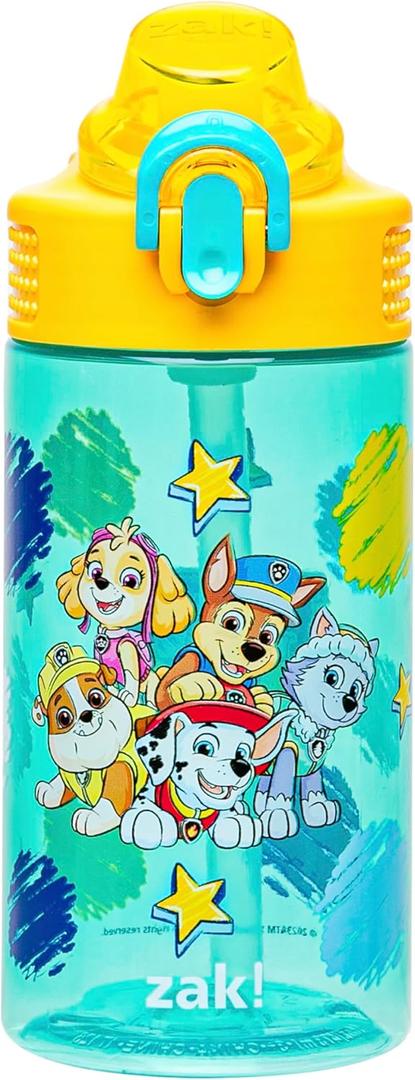 Zak Designs PAW Patrol Sage Water Bottle For School or Travel, 16oz Durable Plastic Water Bottle With Straw, Handle, and Leak-Proof, Pop-Up Spout Cover (Chase, Marshall, Skye, Rubble, Everest)