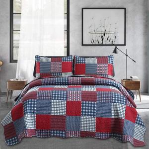Jessy Home Plaid Quilt Set Queen Bedspreads Coverlet Set Red Blue White Patchwork Queen Size Quilt Set Bedding Soft Lightweight Quilts Coverlet Country Reversible Quilt Bed Spread with 2 Pillow Shams