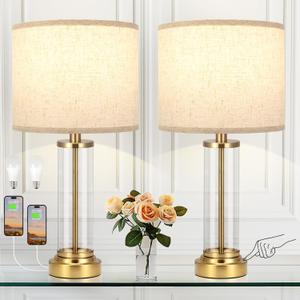 Beige Gold Bedroom Lamps Set of 2 - Touch Bedside Lamp for Night Stands with USB C+A, 3 Way Dimmable Nightstand Table Lamps for Living Room, Modern Glass Lamp for Bed Side Guest Room